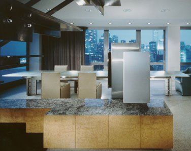 Custom stainless steel cabinets clad to wood with opaque glass doors